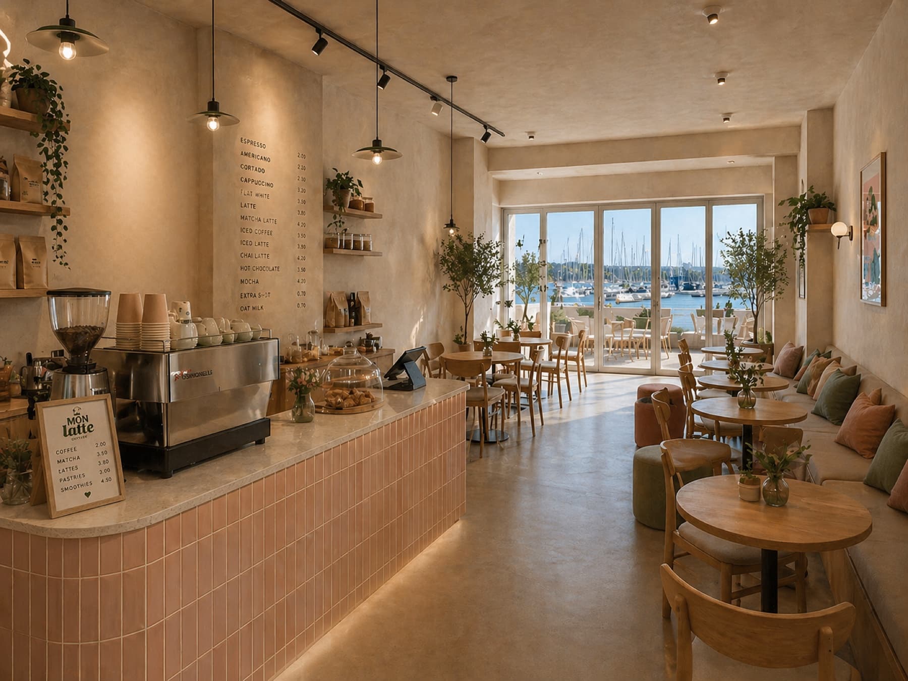 Vue intérieure panoramique du coffee shop MON latte